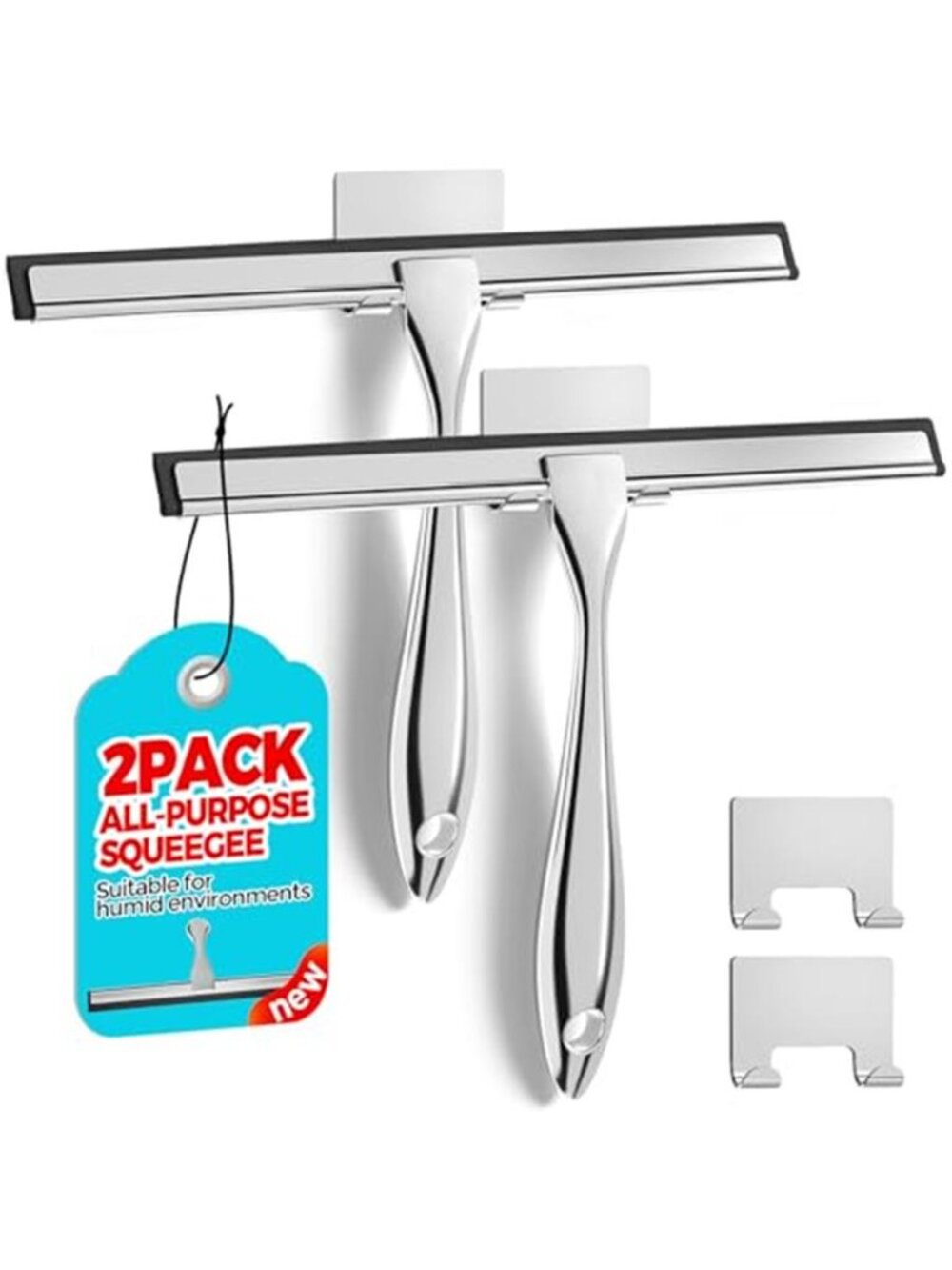2pcs Shower Squeegee for Glass Doors with Adhesive Hanging Hook Set